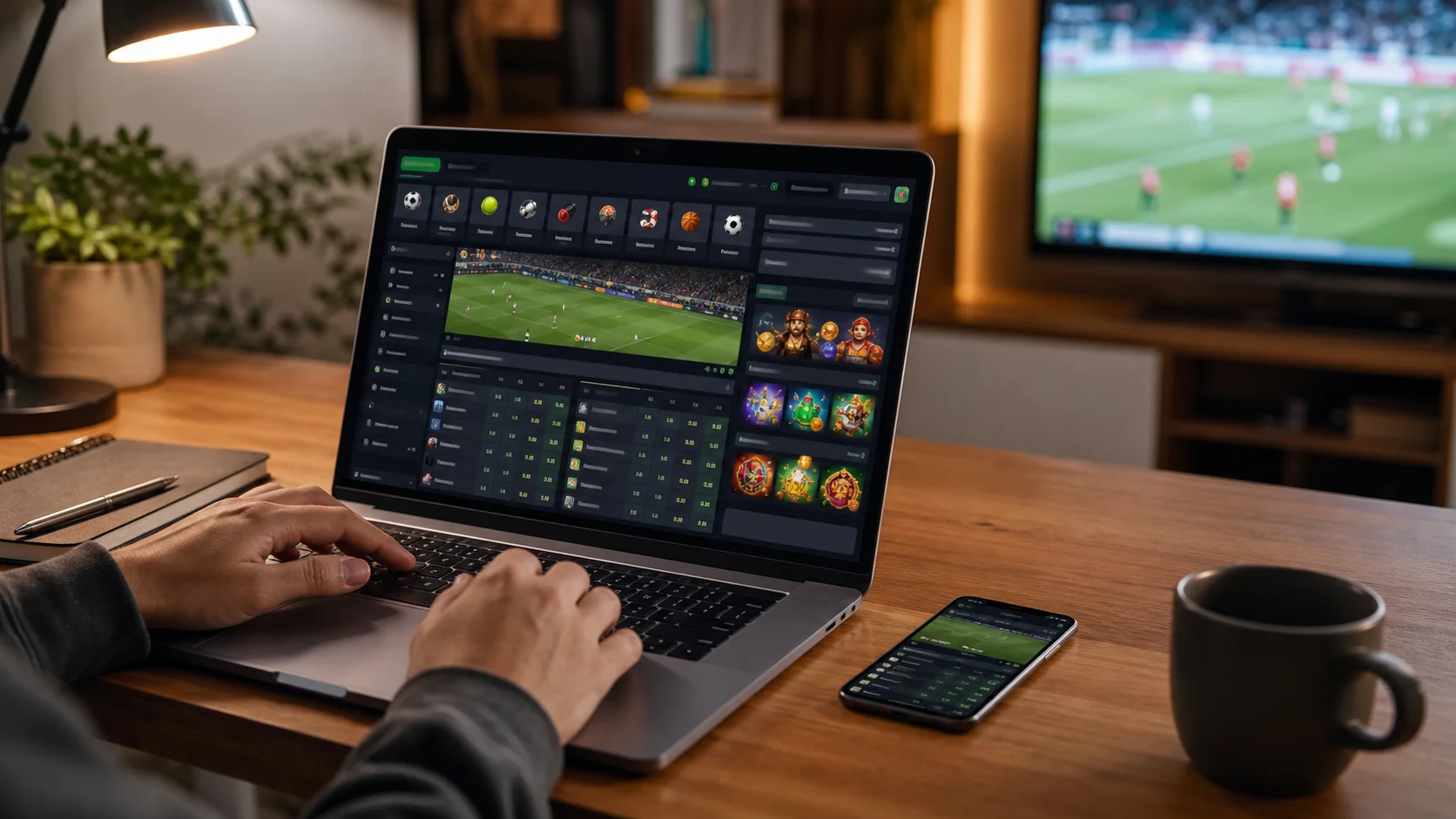 Plataforma 1xbit em notebook e celular com apostas esportivas e cassino online